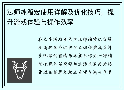 法师冰箱宏使用详解及优化技巧，提升游戏体验与操作效率