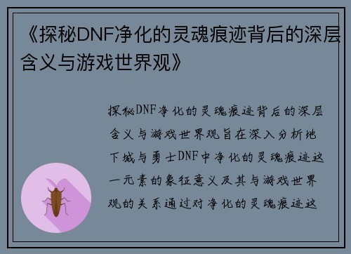 《探秘DNF净化的灵魂痕迹背后的深层含义与游戏世界观》